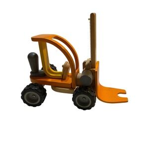 Plan Toys Wooden Forklift Toy Orange Yellow Gray Wheels Fork Lift Truck